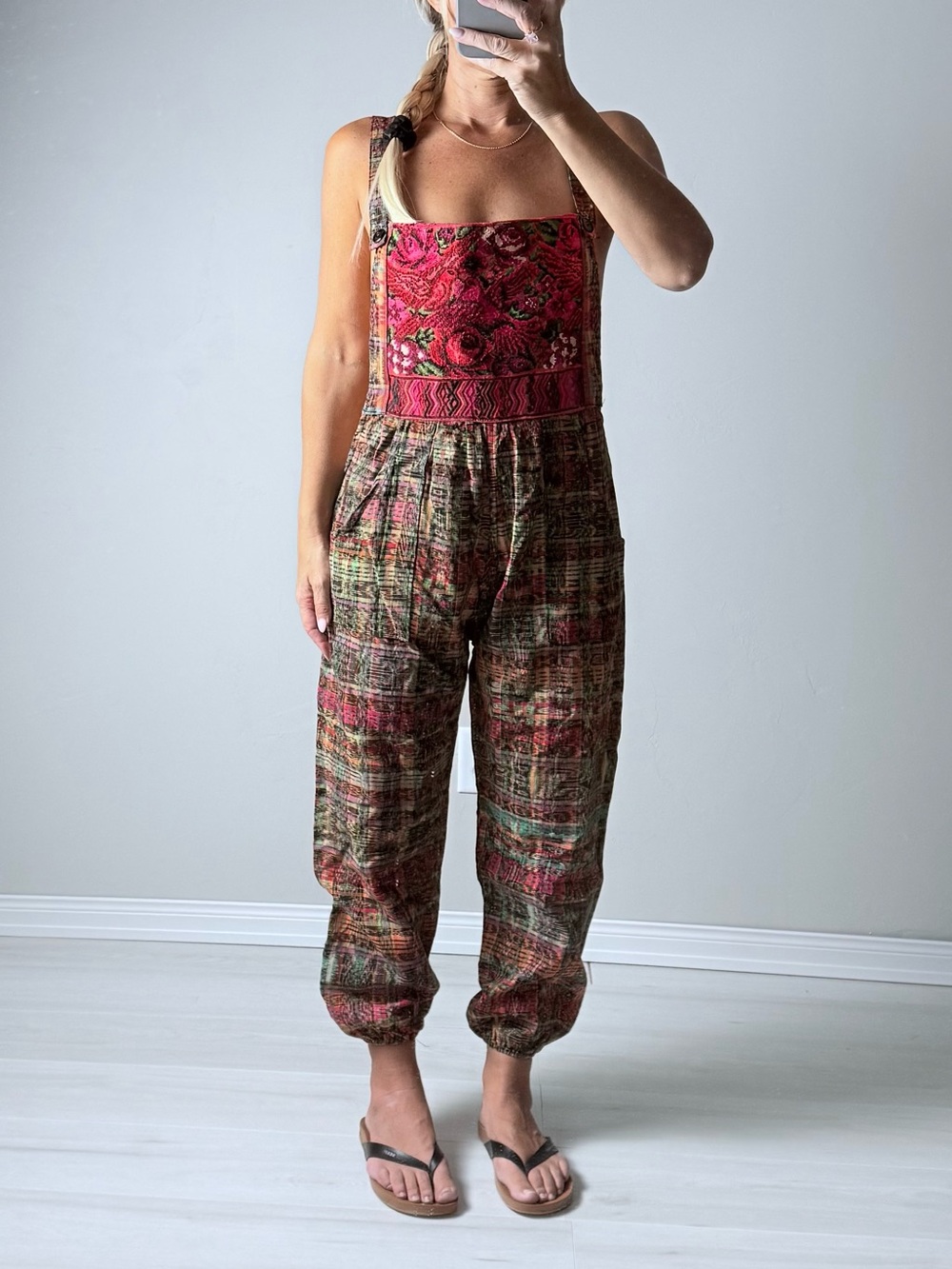 Vintage Patchwork with Floral crochet design Cotton Overalls - Multi